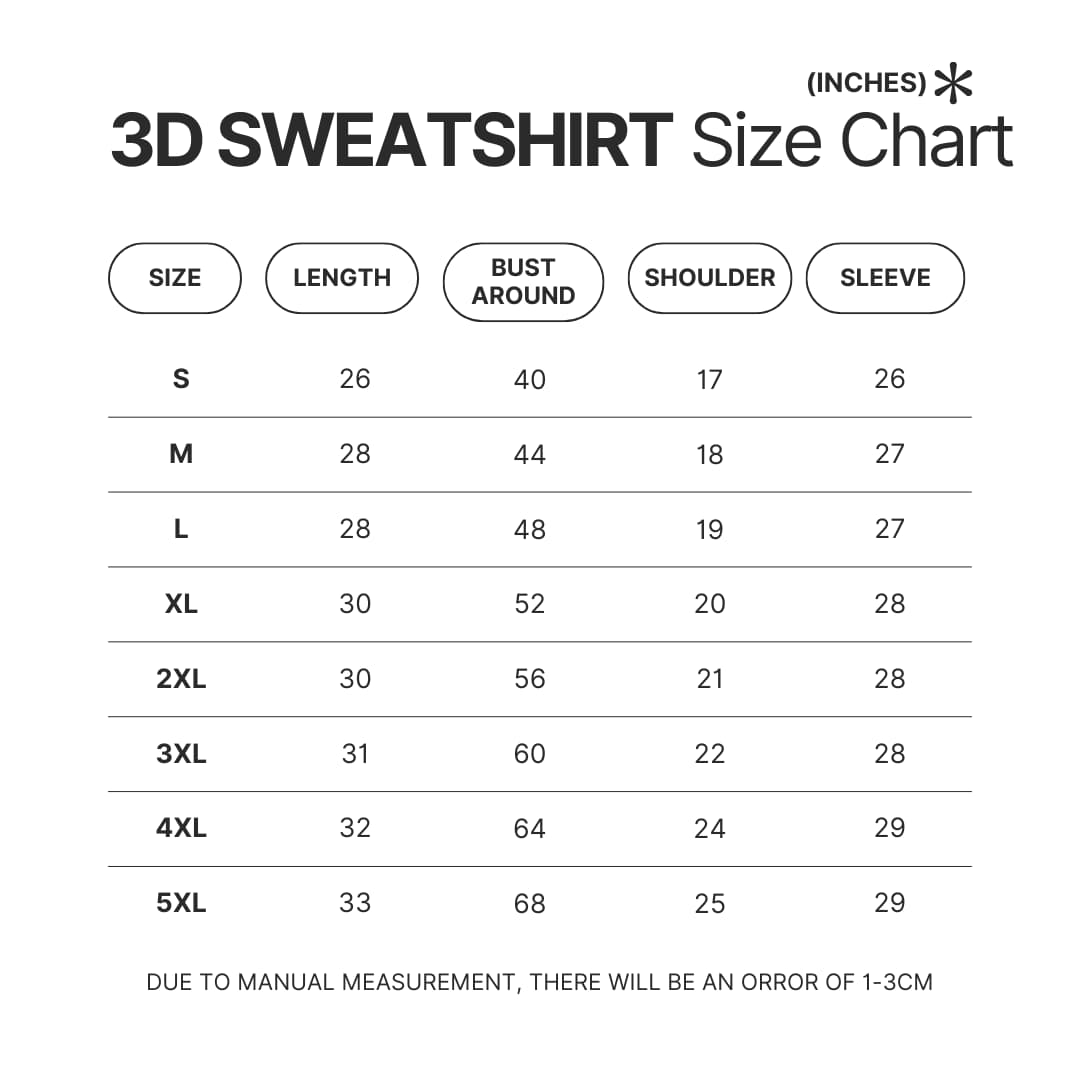 3D Sweatshirt Size Chart - The Amity Affliction Merch